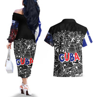 Cuba Flag Couples Matching Off The Shoulder Long Sleeve Dress and Hawaiian Shirt Black with Red White Blue Patriotic Graphics and Cultural Doodle Design - Wonder Print Shop