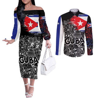 Cuba Flag Couples Matching Off The Shoulder Long Sleeve Dress and Long Sleeve Button Shirt Black with Red White Blue Patriotic Graphics and Cultural Doodle Design - Wonder Print Shop