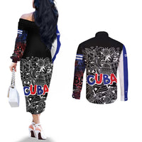 Cuba Flag Couples Matching Off The Shoulder Long Sleeve Dress and Long Sleeve Button Shirt Black with Red White Blue Patriotic Graphics and Cultural Doodle Design - Wonder Print Shop