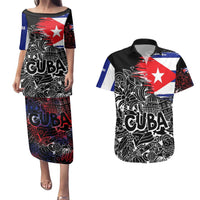 Cuba Flag Couples Matching Puletasi and Hawaiian Shirt Black with Red White Blue Patriotic Graphics and Cultural Doodle Design - Wonder Print Shop