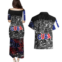 Cuba Flag Couples Matching Puletasi and Hawaiian Shirt Black with Red White Blue Patriotic Graphics and Cultural Doodle Design - Wonder Print Shop