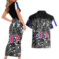 Cuba Flag Couples Matching Short Sleeve Bodycon Dress and Hawaiian Shirt Black with Red White Blue Patriotic Graphics and Cultural Doodle Design - Wonder Print Shop