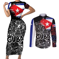 Cuba Flag Couples Matching Short Sleeve Bodycon Dress and Long Sleeve Button Shirt Black with Red White Blue Patriotic Graphics and Cultural Doodle Design - Wonder Print Shop