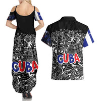 Cuba Flag Couples Matching Summer Maxi Dress and Hawaiian Shirt Black with Red White Blue Patriotic Graphics and Cultural Doodle Design - Wonder Print Shop