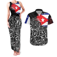 Cuba Flag Couples Matching Tank Maxi Dress and Hawaiian Shirt Black with Red White Blue Patriotic Graphics and Cultural Doodle Design - Wonder Print Shop