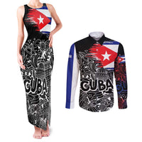 Cuba Flag Couples Matching Tank Maxi Dress and Long Sleeve Button Shirt Black with Red White Blue Patriotic Graphics and Cultural Doodle Design - Wonder Print Shop