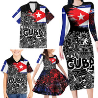 Cuba Flag Family Matching Long Sleeve Bodycon Dress and Hawaiian Shirt Black with Red White Blue Patriotic Graphics and Cultural Doodle Design - Wonder Print Shop