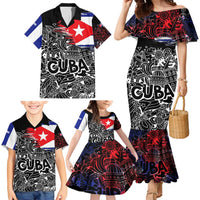 Cuba Flag Family Matching Mermaid Dress and Hawaiian Shirt Black with Red White Blue Patriotic Graphics and Cultural Doodle Design - Wonder Print Shop