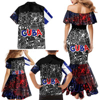 Cuba Flag Family Matching Mermaid Dress and Hawaiian Shirt Black with Red White Blue Patriotic Graphics and Cultural Doodle Design - Wonder Print Shop
