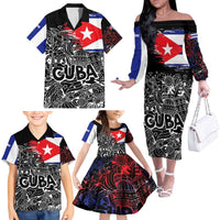 Cuba Flag Family Matching Off The Shoulder Long Sleeve Dress and Hawaiian Shirt Black with Red White Blue Patriotic Graphics and Cultural Doodle Design - Wonder Print Shop