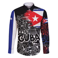 Cuba Flag Family Matching Off The Shoulder Long Sleeve Dress and Hawaiian Shirt Black with Red White Blue Patriotic Graphics and Cultural Doodle Design - Wonder Print Shop