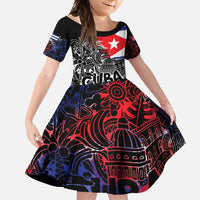 Cuba Flag Family Matching Off Shoulder Maxi Dress and Hawaiian Shirt Black with Red White Blue Patriotic Graphics and Cultural Doodle Design - Wonder Print Shop