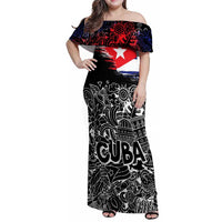 Cuba Flag Family Matching Off Shoulder Maxi Dress and Hawaiian Shirt Black with Red White Blue Patriotic Graphics and Cultural Doodle Design - Wonder Print Shop