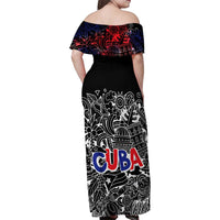 Cuba Flag Family Matching Off Shoulder Maxi Dress and Hawaiian Shirt Black with Red White Blue Patriotic Graphics and Cultural Doodle Design - Wonder Print Shop