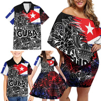 Cuba Flag Family Matching Off Shoulder Short Dress and Hawaiian Shirt Black with Red White Blue Patriotic Graphics and Cultural Doodle Design - Wonder Print Shop