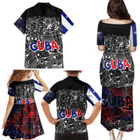 Cuba Flag Family Matching Puletasi and Hawaiian Shirt Black with Red White Blue Patriotic Graphics and Cultural Doodle Design - Wonder Print Shop