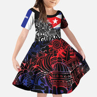 Cuba Flag Family Matching Short Sleeve Bodycon Dress and Hawaiian Shirt Black with Red White Blue Patriotic Graphics and Cultural Doodle Design - Wonder Print Shop