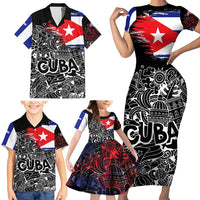 Cuba Flag Family Matching Short Sleeve Bodycon Dress and Hawaiian Shirt Black with Red White Blue Patriotic Graphics and Cultural Doodle Design - Wonder Print Shop
