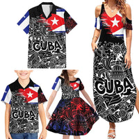 Cuba Flag Family Matching Summer Maxi Dress and Hawaiian Shirt Black with Red White Blue Patriotic Graphics and Cultural Doodle Design - Wonder Print Shop