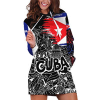 Cuba Flag Hoodie Dress Black with Red White Blue Patriotic Graphics and Cultural Doodle Design - Wonder Print Shop