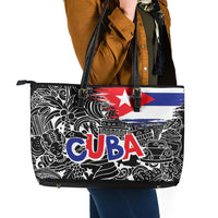 Cuba Flag Leather Tote Bag Black with Red White Blue Patriotic Graphics and Cultural Doodle Design - Wonder Print Shop