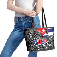Cuba Flag Leather Tote Bag Black with Red White Blue Patriotic Graphics and Cultural Doodle Design - Wonder Print Shop