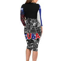 Cuba Flag Long Sleeve Bodycon Dress Black with Red White Blue Patriotic Graphics and Cultural Doodle Design - Wonder Print Shop
