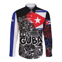 Cuba Flag Long Sleeve Button Shirt Black with Red White Blue Patriotic Graphics and Cultural Doodle Design - Wonder Print Shop