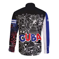 Cuba Flag Long Sleeve Button Shirt Black with Red White Blue Patriotic Graphics and Cultural Doodle Design - Wonder Print Shop