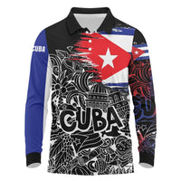 Cuba Flag Long Sleeve Polo Shirt Black with Red White Blue Patriotic Graphics and Cultural Doodle Design - Wonder Print Shop