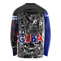 Cuba Flag Long Sleeve Shirt Black with Red White Blue Patriotic Graphics and Cultural Doodle Design - Wonder Print Shop