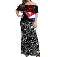 Cuba Flag Off Shoulder Maxi Dress Black with Red White Blue Patriotic Graphics and Cultural Doodle Design - Wonder Print Shop