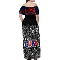 Cuba Flag Off Shoulder Maxi Dress Black with Red White Blue Patriotic Graphics and Cultural Doodle Design - Wonder Print Shop