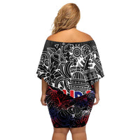 Cuba Flag Off Shoulder Short Dress Black with Red White Blue Patriotic Graphics and Cultural Doodle Design - Wonder Print Shop