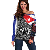 Cuba Flag Off Shoulder Sweater Black with Red White Blue Patriotic Graphics and Cultural Doodle Design - Wonder Print Shop