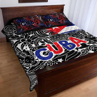 Cuba Flag Quilt Bed Set Black with Red White Blue Patriotic Graphics and Cultural Doodle Design - Wonder Print Shop