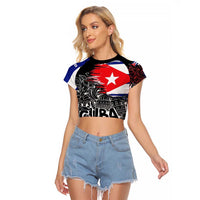 Cuba Flag Raglan Cropped T Shirt Black with Red White Blue Patriotic Graphics and Cultural Doodle Design - Wonder Print Shop