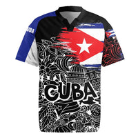 Cuba Flag Rugby Jersey Black with Red White Blue Patriotic Graphics and Cultural Doodle Design - Wonder Print Shop