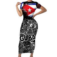 Cuba Flag Short Sleeve Bodycon Dress Black with Red White Blue Patriotic Graphics and Cultural Doodle Design - Wonder Print Shop