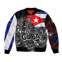 Cuba Flag Sleeve Zip Bomber Jacket Black with Red White Blue Patriotic Graphics and Cultural Doodle Design - Wonder Print Shop