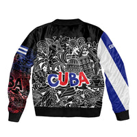 Cuba Flag Sleeve Zip Bomber Jacket Black with Red White Blue Patriotic Graphics and Cultural Doodle Design - Wonder Print Shop