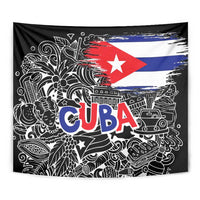 Cuba Flag Tapestry Black with Red White Blue Patriotic Graphics and Cultural Doodle Design - Wonder Print Shop