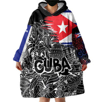 Cuba Flag Wearable Blanket Hoodie Black with Red White Blue Patriotic Graphics and Cultural Doodle Design - Wonder Print Shop