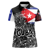 Cuba Flag Women Polo Shirt Black with Red White Blue Patriotic Graphics and Cultural Doodle Design - Wonder Print Shop