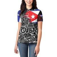 Cuba Flag Women Polo Shirt Black with Red White Blue Patriotic Graphics and Cultural Doodle Design - Wonder Print Shop