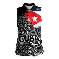 Cuba Flag Women Sleeveless Polo Shirt Black with Red White Blue Patriotic Graphics and Cultural Doodle Design - Wonder Print Shop