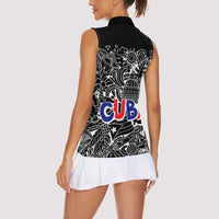 Cuba Flag Women Sleeveless Polo Shirt Black with Red White Blue Patriotic Graphics and Cultural Doodle Design - Wonder Print Shop