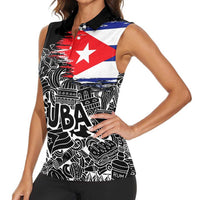 Cuba Flag Women Sleeveless Polo Shirt Black with Red White Blue Patriotic Graphics and Cultural Doodle Design - Wonder Print Shop