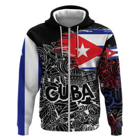 Cuba Flag Zip Hoodie Black with Red White Blue Patriotic Graphics and Cultural Doodle Design - Wonder Print Shop