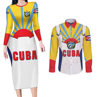 Cuba Coat of Arms Couples Matching Long Sleeve Bodycon Dress and Long Sleeve Button Shirt Colorful Cuban Flag Shield with Red Yellow Blue Patriotic Design - Wonder Print Shop
